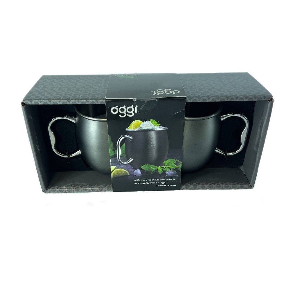 20 Ounce Oggi Moscow Mule Mugs, Stainless Steel with Slate Finish Set Of 2 NIB